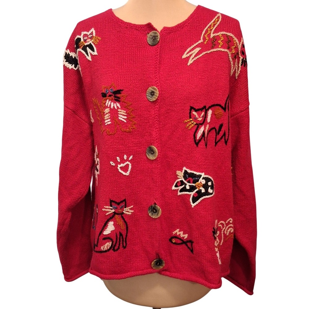 Northern Isles Womens Cardigan Red Novelty Cat Embroidered Rolled‎ Hem Size L
